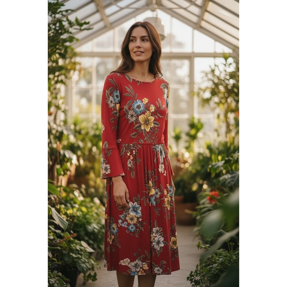 Gilli Red Floral Midi Dress Bell Sleeve Elastic Waist Women's Small
